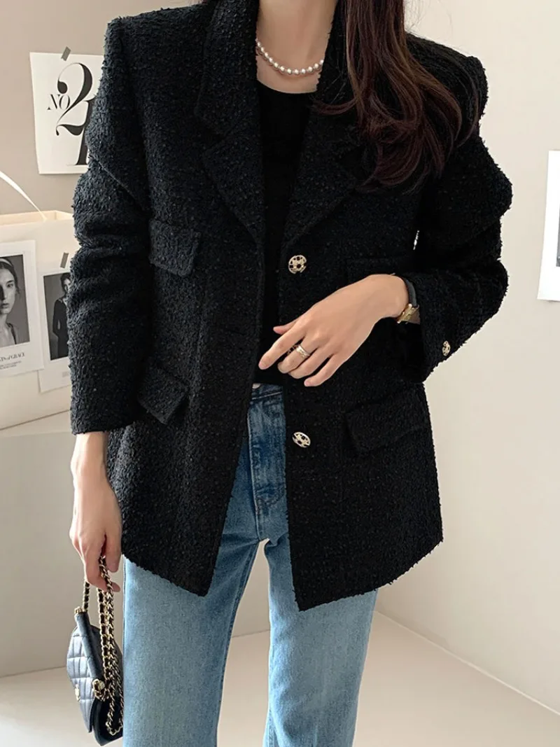 Твидовый пиджак с имитацией карманов на осень и зиму