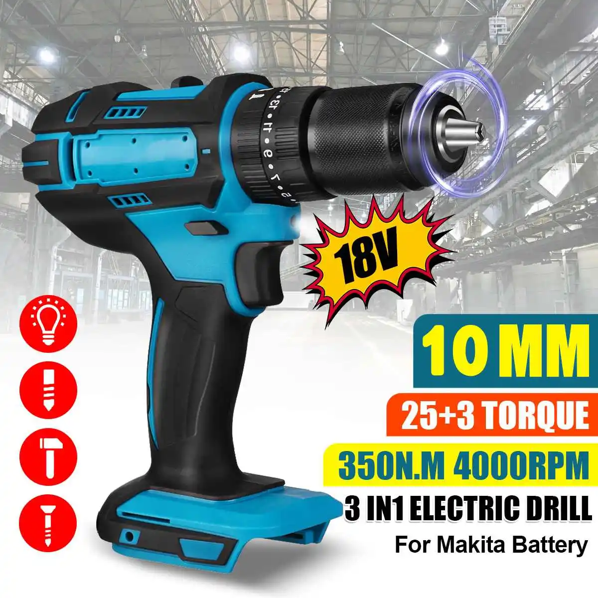 

BLMIATKO 10mm 3 in 1 Electric Drill 350N.m Hammer Screwdriver with LED Light Cordless Impact Drill for Makita 18V Battery