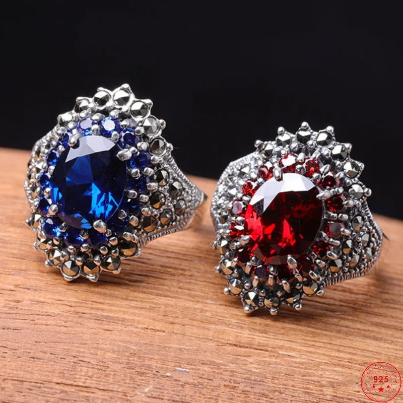 

S925 Sterling Silver Rings for Women 2023 New Fashion Tangent Plane Garnet Blue Corundum Marcasite Pure Argentum Hand Jewelry