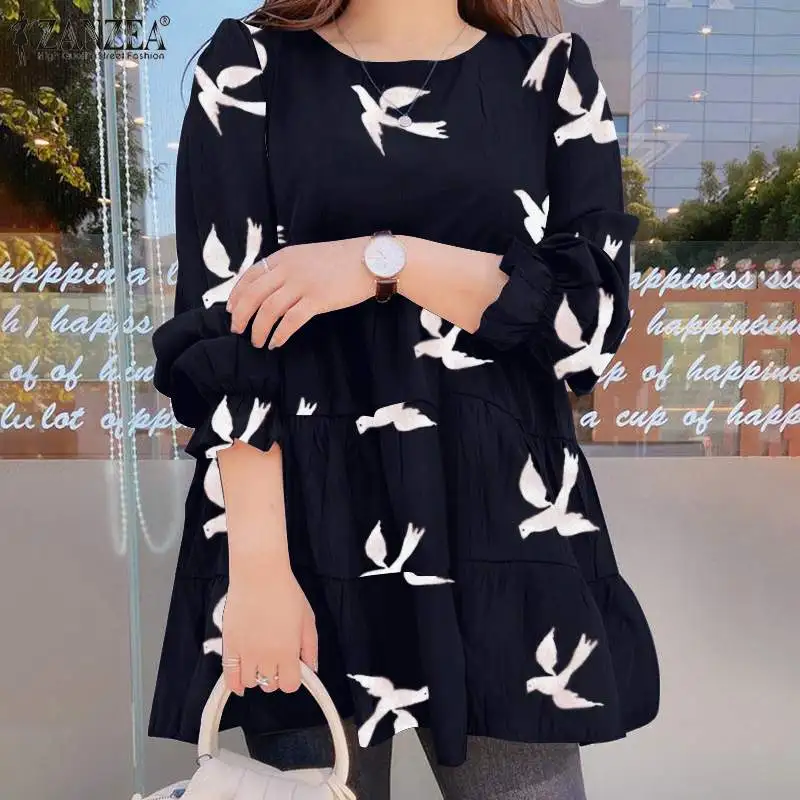 

2022 Printed Shirt Oversize Women Ruffle Patchwork Blouse ZANZEA Spring Puff Sleeve A-line Top Tunic Casual Lady Blusa Chemise 7