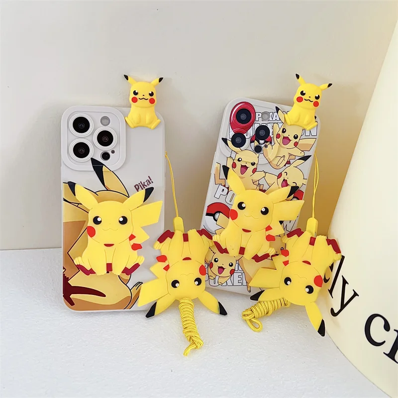 Чехол-подставка для iPhone 11 12 13 14 15 Pro Max Y2K с 3D Аниме милым покемоном Пикачу ремешком