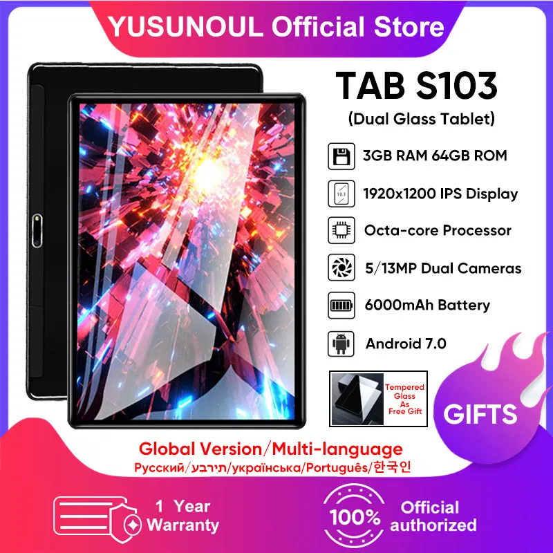 Orginal YUSUNOUL Super Glass 64GB Storage 10 inch Google Play 4G Phone Call Tablets WiFi Bluetooth GPS 2.5D Tempered Glass Tab