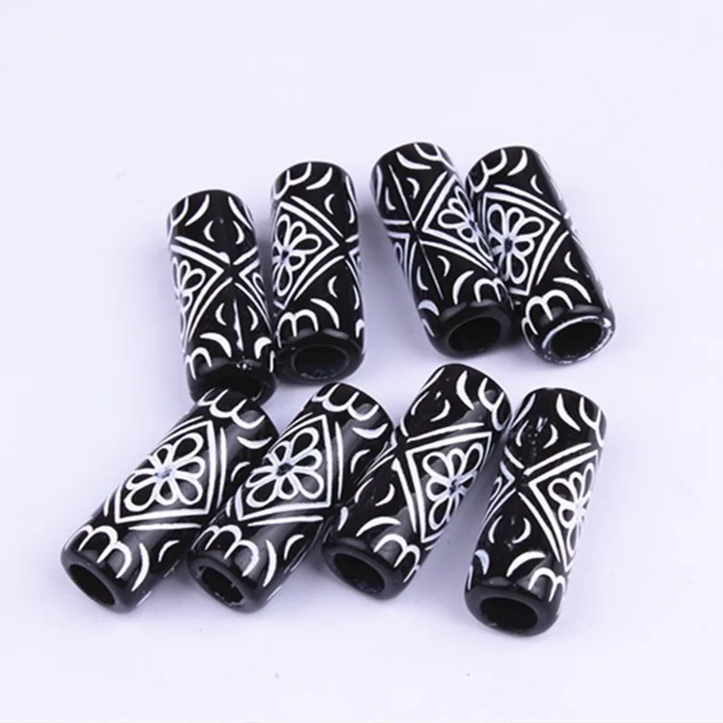 

10 Pcs/Pack Acrylic Viking Hair Braid Dread Beard Dreadlock Beads Cuffs Approx 6mm Inner Hole White Carved Flower on Black