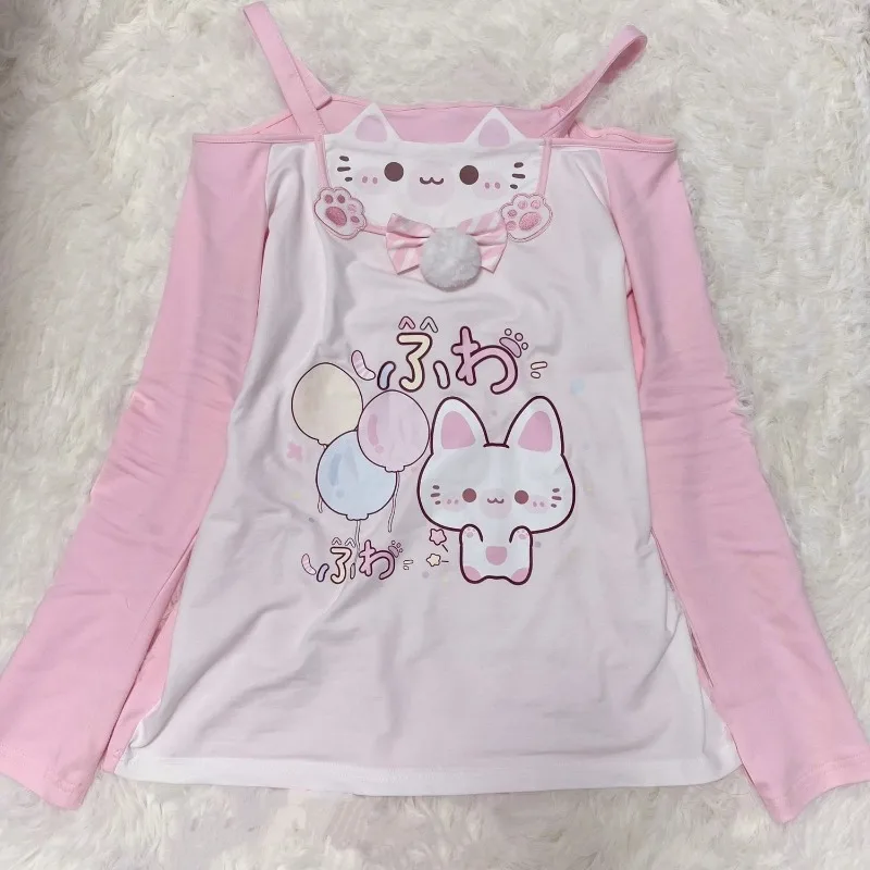 Футболки HOUZHOU Kawaii с розовым принтом, женские, в стиле Cutecore, с открытыми плечами, японская мода, облегающие, с длинным рукавом, милые, эстетичные топы (art.: 3920d7bd2dc1e) - 3920d7bd2dc1e