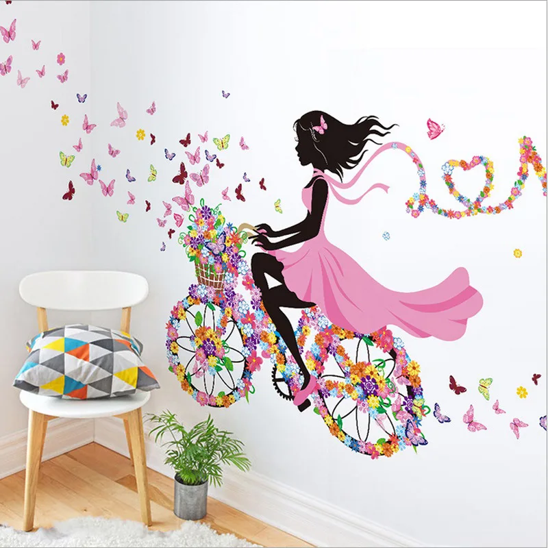Bicycle Flower Fairy Home Decor Back Wallpaper Girls Elf Butterfly English Bedroom Stickers Wall Stickers