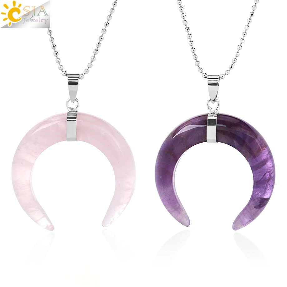 

CSJA Natural Stones Crescent Moon Necklaces Pendants Purple Crystal Pink Quartz White Stone Gold Color Reiki Women F306