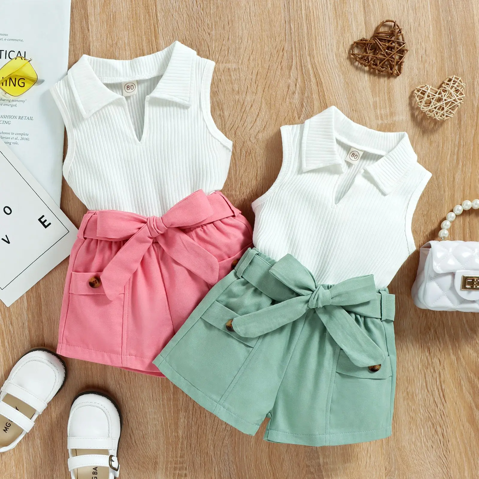 

Newborn Baby Girls Outfit Set Polo Neck Pit Strip Vest Shorts Two-piece Girls Suit Toddler Girl Clothes