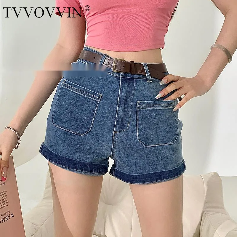 

TVVOVVIN Retro High Waist Denim Shorts for Women's Design Sense Small Pocket Elastic Relaxed Slim Hem Curled Shorts 39HT