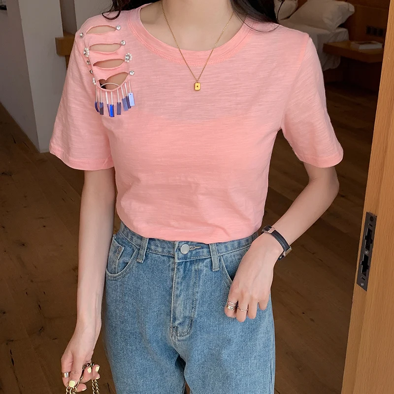 

New Fashion Casual Woman Tshirts Women Sexy Tops Female Office Lady Nice Aesthetic Girls Cool Hole Besning T-shirt Dropshipping