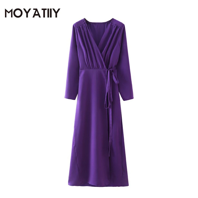 

MOYATIIY 2022 модное женское фиолетовое плиссированное платье винтажные Весенние длинные платья с вырезом лодочкой с длинным рукавом женские пл...
