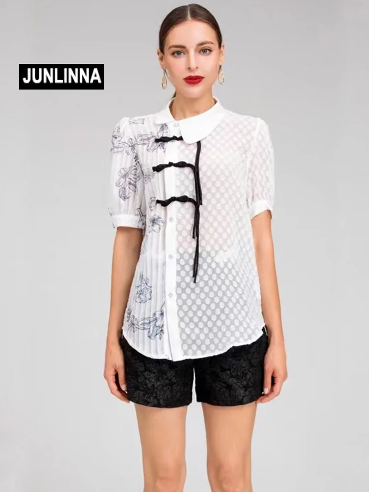 

JUNLINNA Jacquard Two Piece Sets 2022 Summer Fashion Women Asymmetrical Buttons Shirt+Beading Shorts High Street Suit