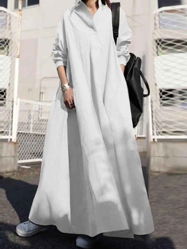 

ZANZEA Fashion Casual Women Maxi Long Dress Spring Lapel Neck Long Sleeve Solid Party Sundress Vestidos Robe Femme Oversize