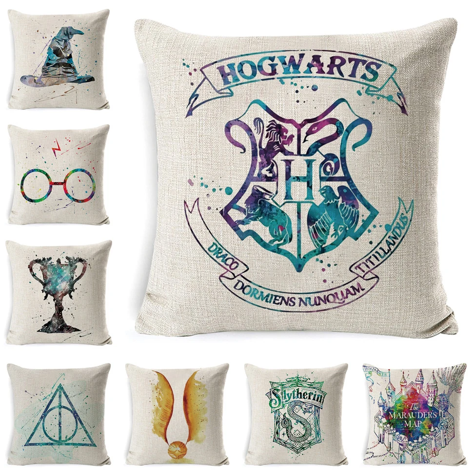 

Harry-Potter Cushion Cover Cotton Linen Goblet of Fire The Deathly Hallows Home Decor Pillow Cover for Sofa Cojines Cushion Case