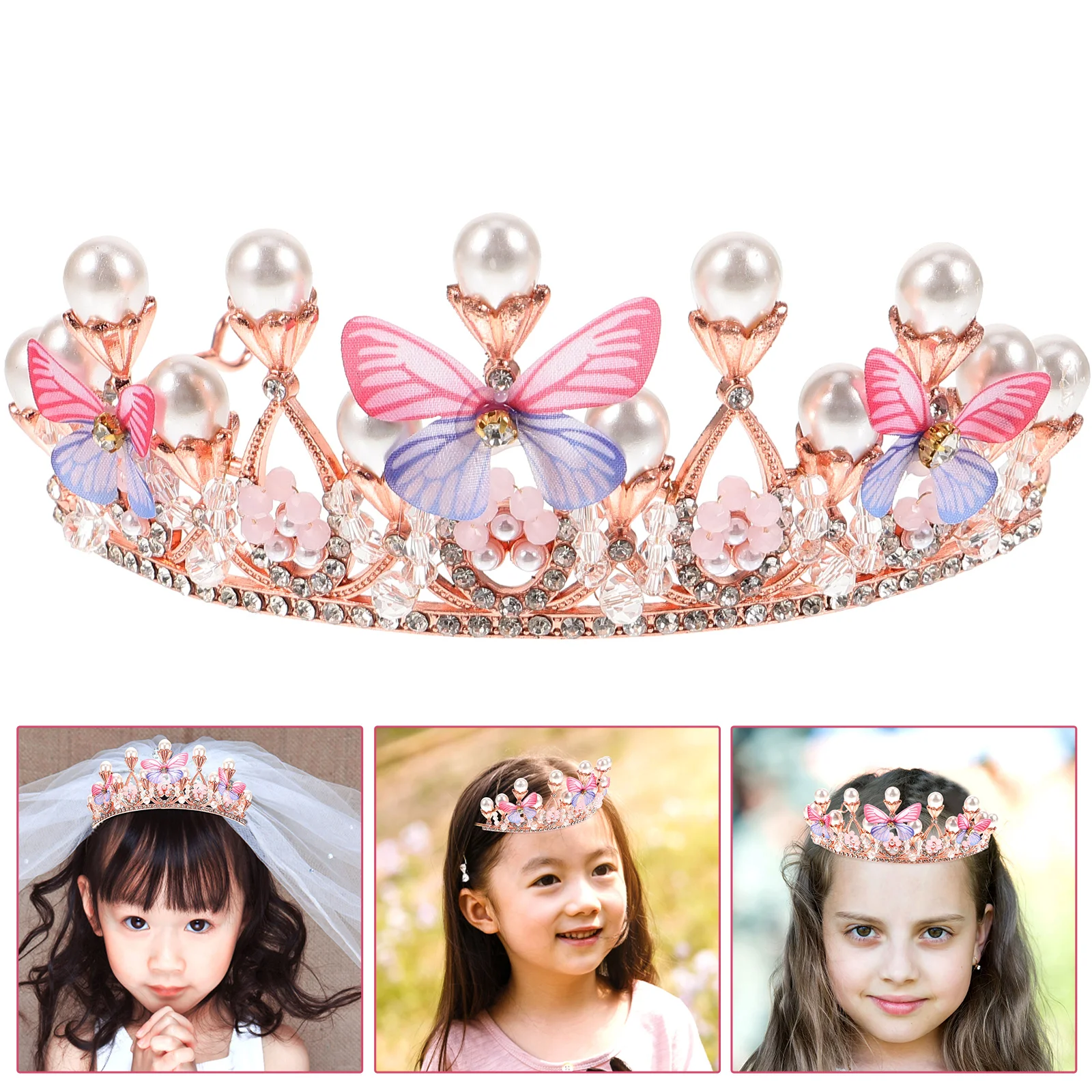 

Стразы бабочка Корона головная повязка Miss Pearl волосы Tiara металлические шиньоны для детей