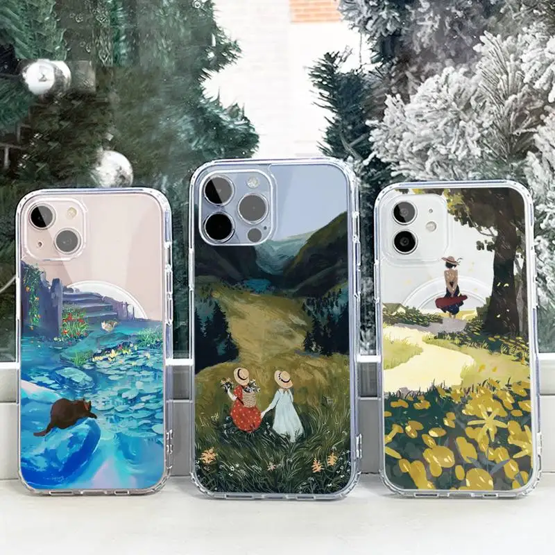 

oil painting landscape Phone Case For iPhone 13 12 11 Mini Pro Max transparent Super Magnetic MagSafe Cover