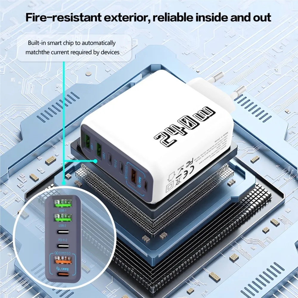 Фото 6-портовое зарядное устройство USB Type-C с быстрой зарядкой 240 Вт, PD 3.0, адаптер для путешествий, зарядка для iPhone и Samsung, поддержка стандартов US и EU. №1