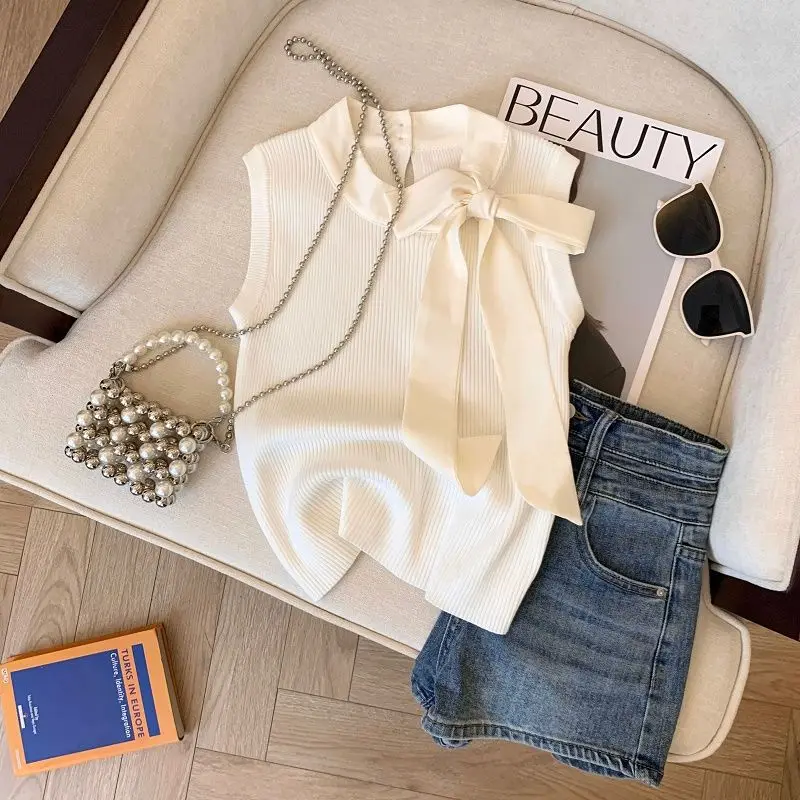 Топ женский летний тонкий трикотажный без рукавов с бантом