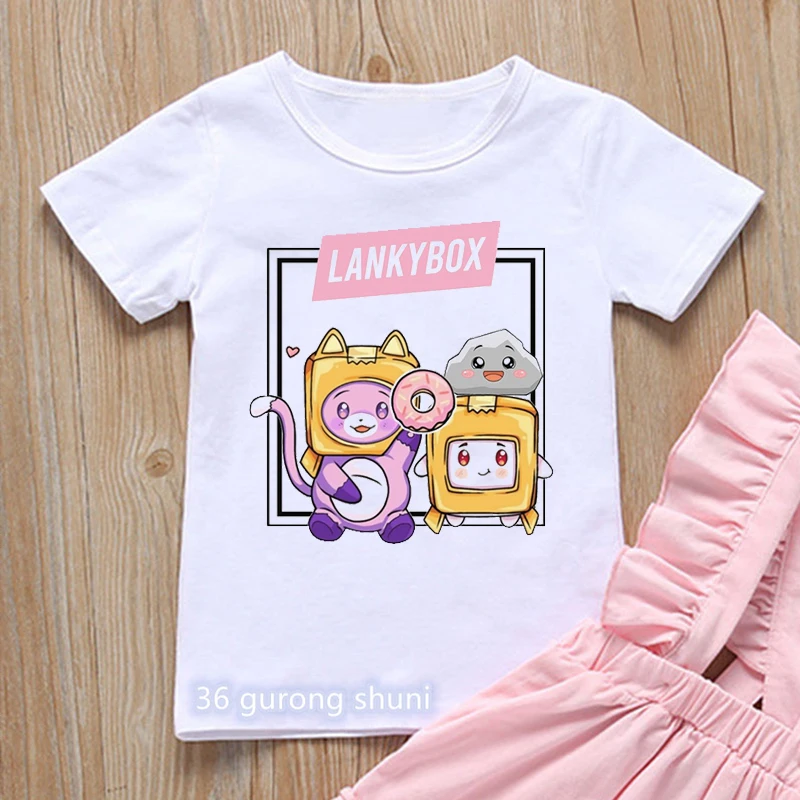 

Футболка с графическим принтом Happy Rocky And Foxy Lankybox, футболка для девочек/мальчиков с забавными пончиками, кавайная детская одежда, рубашка в ст...