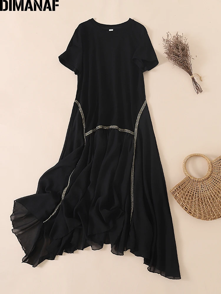 

DIMANAF Women Summer Dress Black Oversize Loose Clothing Elegant Lady Long Dress Sundress Casual Cotton Chiffon Pleated Spliced