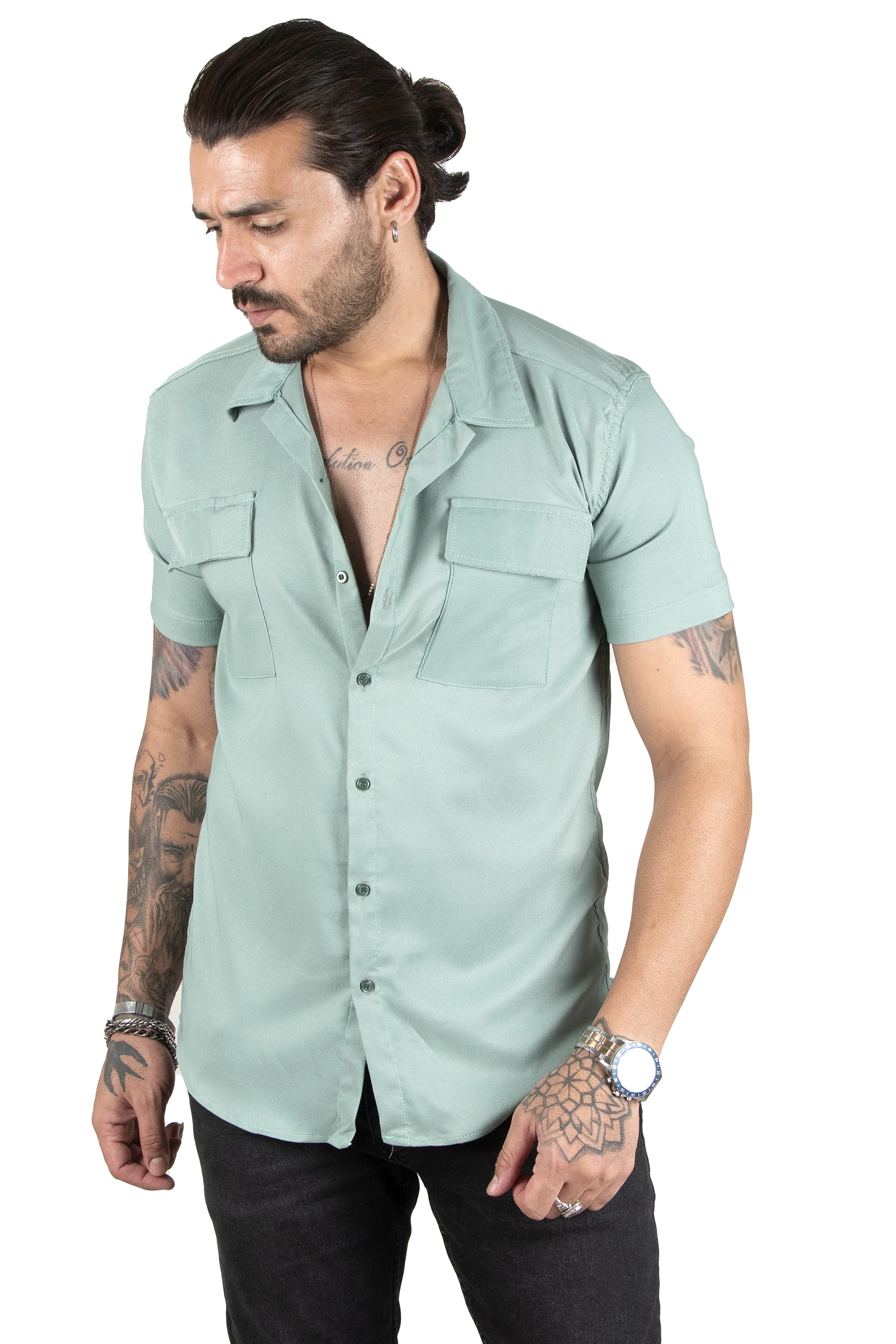 DeepSEA Narrow Cut Lycra Double Flap Pockets Short Sleeve Male Shirt 2201922