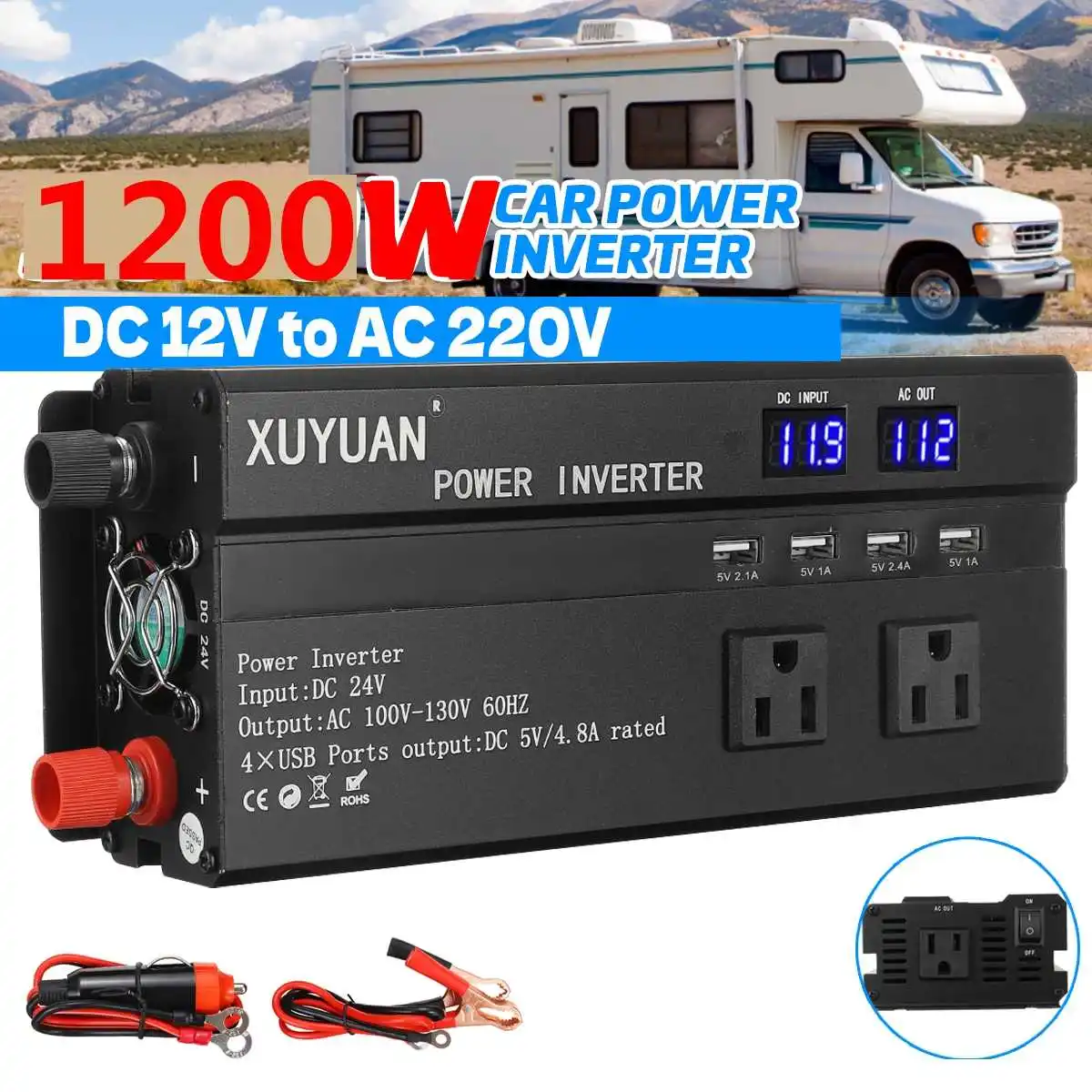 

1200W Modified Sine Wave LCD Display Car Power Inverter Converter Charger DC 12V/24V To AC 220V/110V 4 USB Voltage Transformer