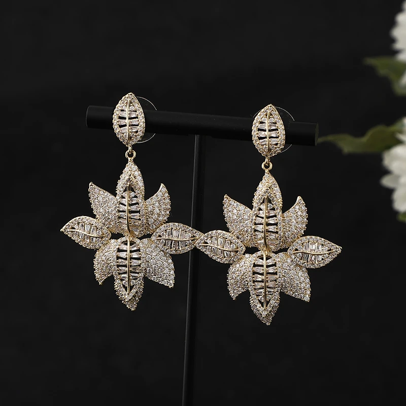 

Luxury Sparkling Hollow Out Leaf Long Dangle Earrings For Women Zircon Crystal CZ African Indian Dubai Bridal Earring A0179