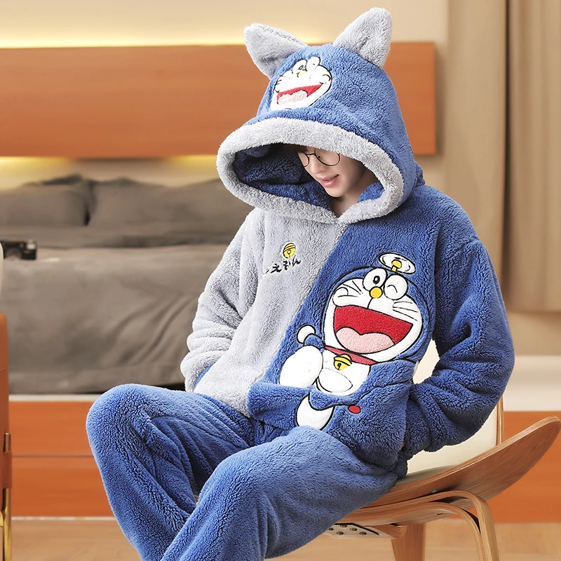 Winter Thicken Couple Pajamas Set Women Men Adult Pajama Anime Doraemon Korean Loose Lovers Homewear Hoodies Pyjamas Sleepwear