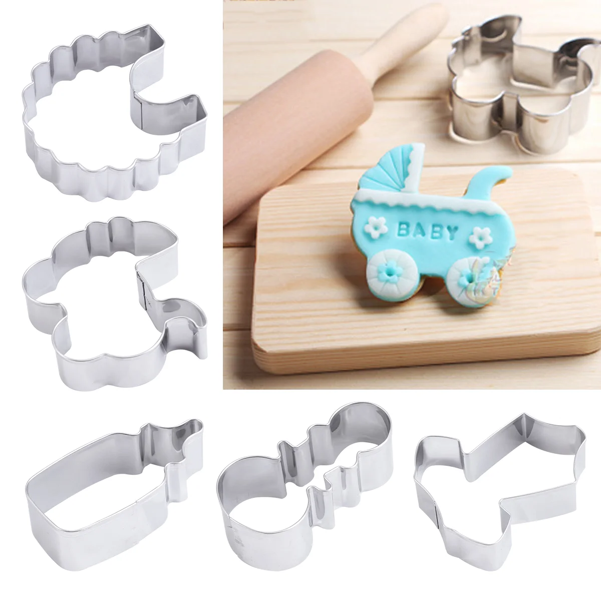 

5pcs/Set Stainless Steel Cookie Cutters Lovely Baby Shower Biscuit DIY Chocolate Cake Mold for Kitchen Cafe Dessert Shop
