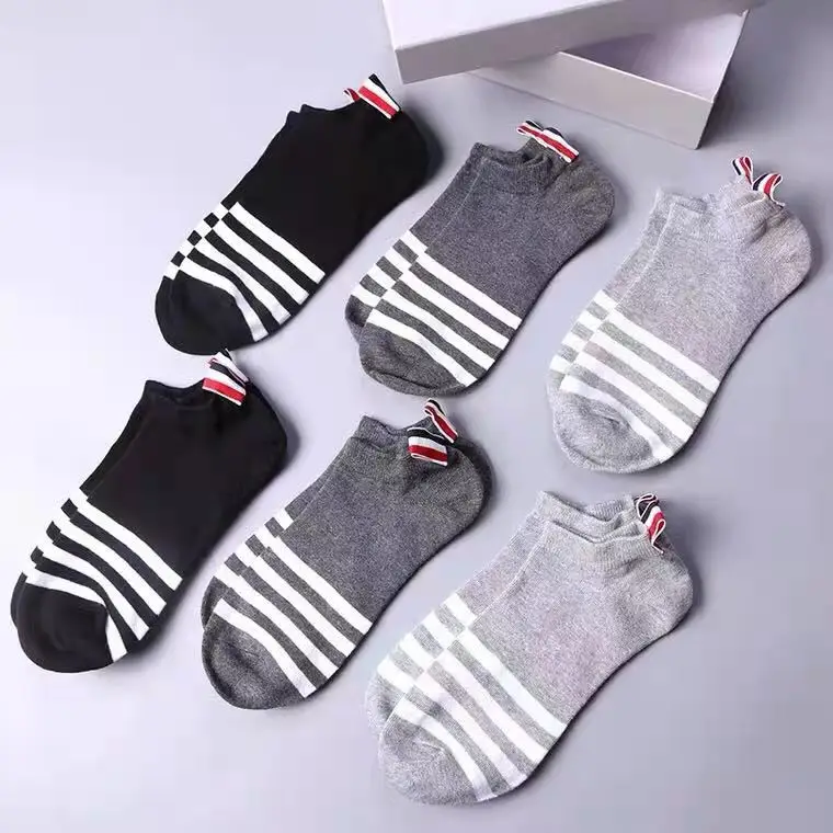 6 pairs of tb socks men's and women's summer socks pure cotton deodorant striped sports breathable short tube low-top couple
