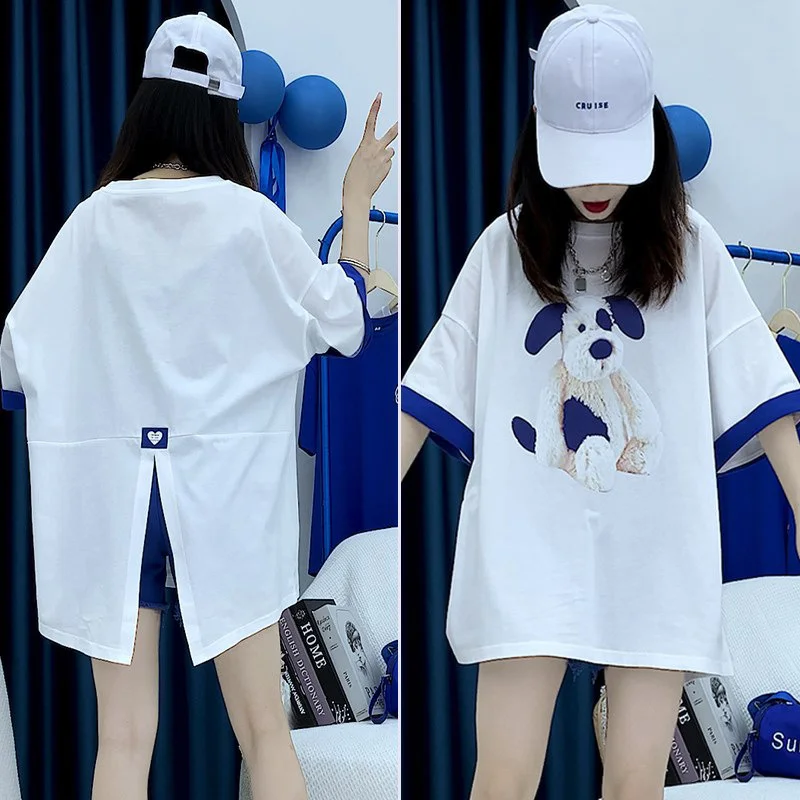 

2023 Summer New Round Neck Short Sleeve T-shirt Women's Loose Versatile Printed Cartoon Back Split White Blue High Quality Top