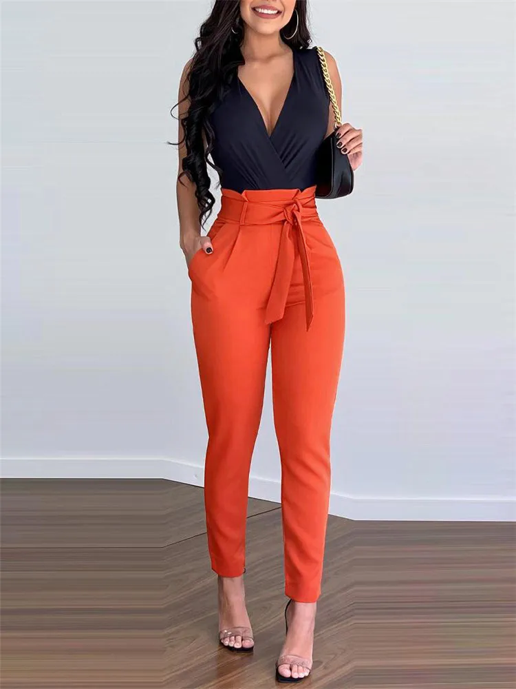 

Summer 2 Piece Sets Women Outfit 2023 Sexy Sleeveless V-Neck Bodysuit & Belted Pencil Pants Set Two-piece Sets