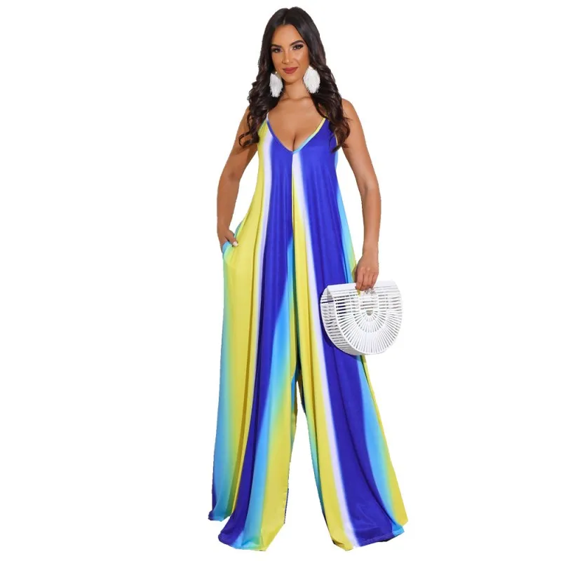

Spaghetti Strap Jumpsuit Women Backless Wide Leg Pants Rompers Summer New Colors Striped Print Sexy Homewear Jumpsuits Playsuits