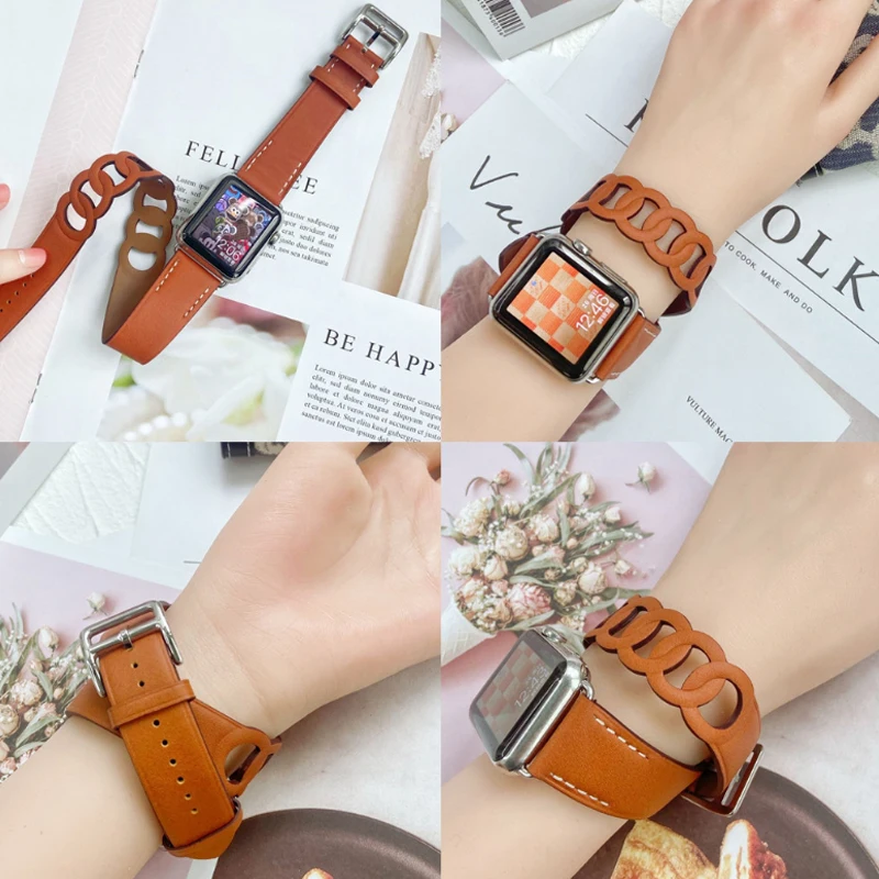 Gourmette Double Tour For Apple Watch band 44mm 40mm 45mm 41mm 38mm 42mm Genuine Leather Strap bracelet iWatch serier 7 6 5 4 se