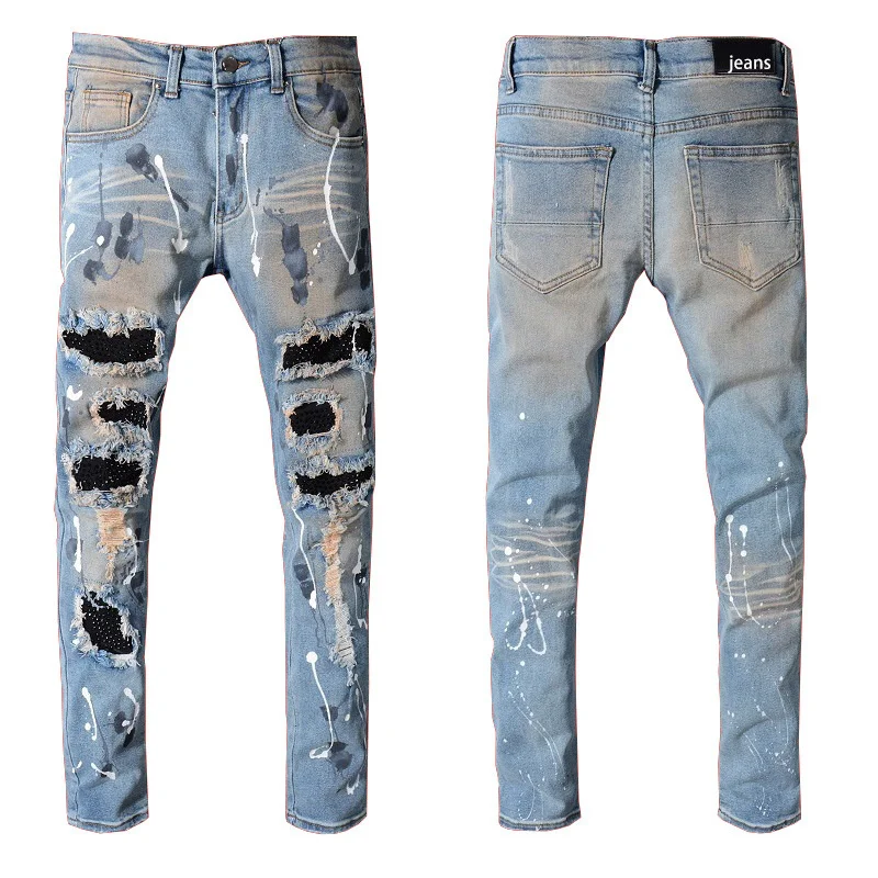 

Streetwear 2023 Light Blue Men Fashion Distressed Destroyed Tie Dye Rivet Patched Skinny Stretch Ripped Slim Fit Jeans Hombres