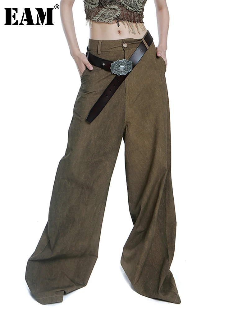 

[EAM] High Waist Brown Vintage Long Wide Leg Casual Trousers New Loose Fit Pants Women Fashion Tide Spring Autumn 2023 1DE8353