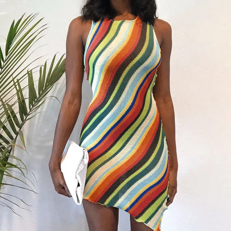 

2021 Summer Women Sexy Slim Dress Fashion Sleeveless Round Neck Halter Striped Tight Knitted Retro Dress High Street Clubwear