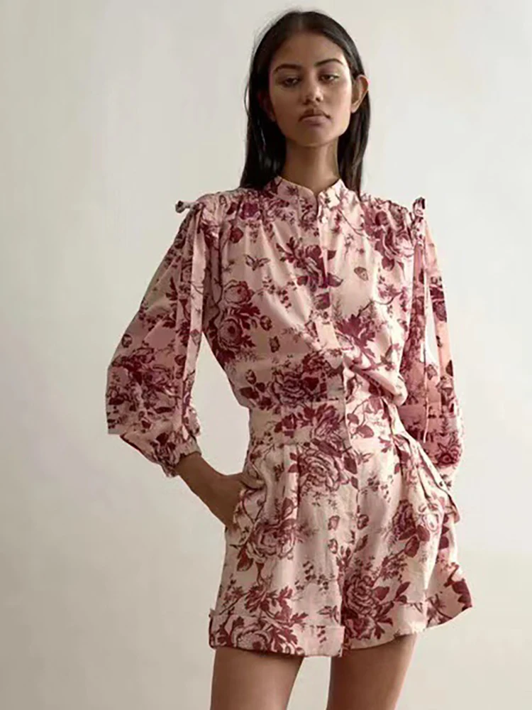 High Quality Holiday Women Flower Printed Long Sleeve Cotton Shirt+ Print Shorts Suit Beach Provide label