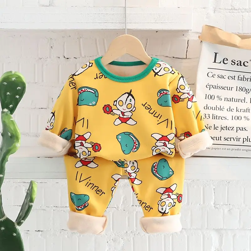 

Children's clothing suit Boys' and girls' warm underwear plush thickened boys' and girls' clothes pants 2pic baby winter clothes