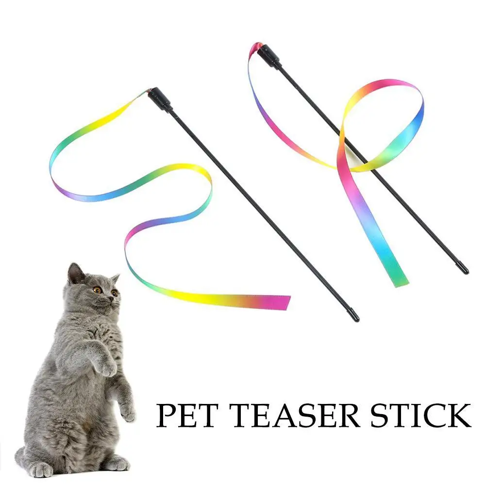 

Teaser Interactive Toy Colorful Rod Teaser Wand Toys Funny Stick Stick Rainbow Supplies Ribbon Double-sided E2k2