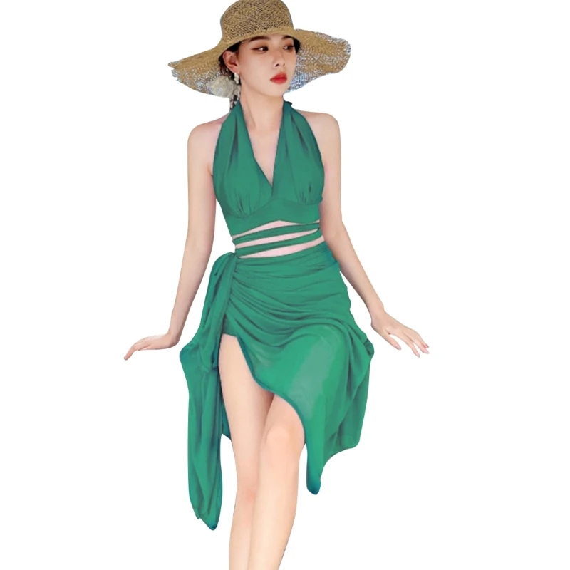 

Womens Halter Bikinis Set 3 Pieces Swimsuit Ladies High Waist Bathing Suit with Long Sleeves Cover Up for Vacations Ins