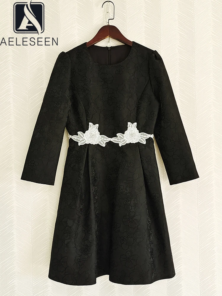 

AELESEEN Women Vintage Black Dress Runway Fashion Spring Autumn Long Sleeve Flower Jacquard Lace Beading Embroidery Elegant