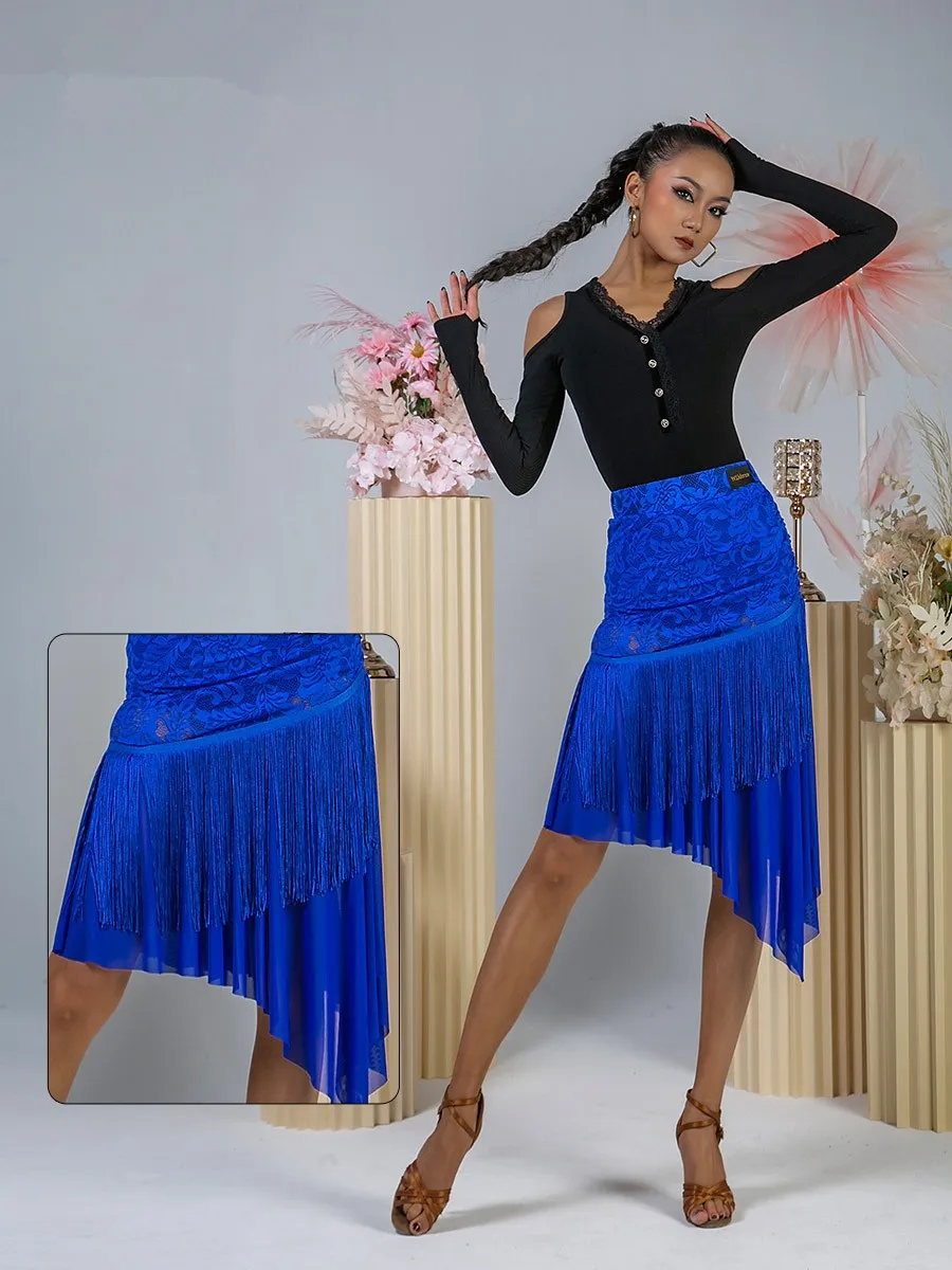 

Кружевная плиссированная юбка с диагональными кисточками, сетчатая юбка с оборками, вырез на спине, костюмы для латиноамериканских выступлений, топы с длинным рукавом, юбка, сценический костюм