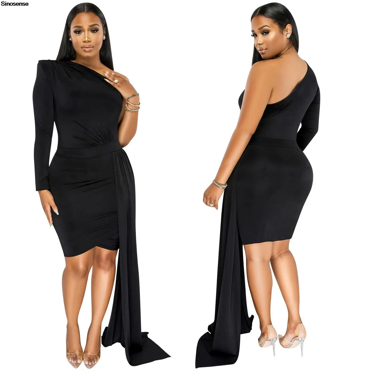 

Women Bodycon Cocktail Party Dress Sexy One Shoulder Long Sleeve Spring Summer Ruched Pencil Dress Stretchy Night Out Mini Dress