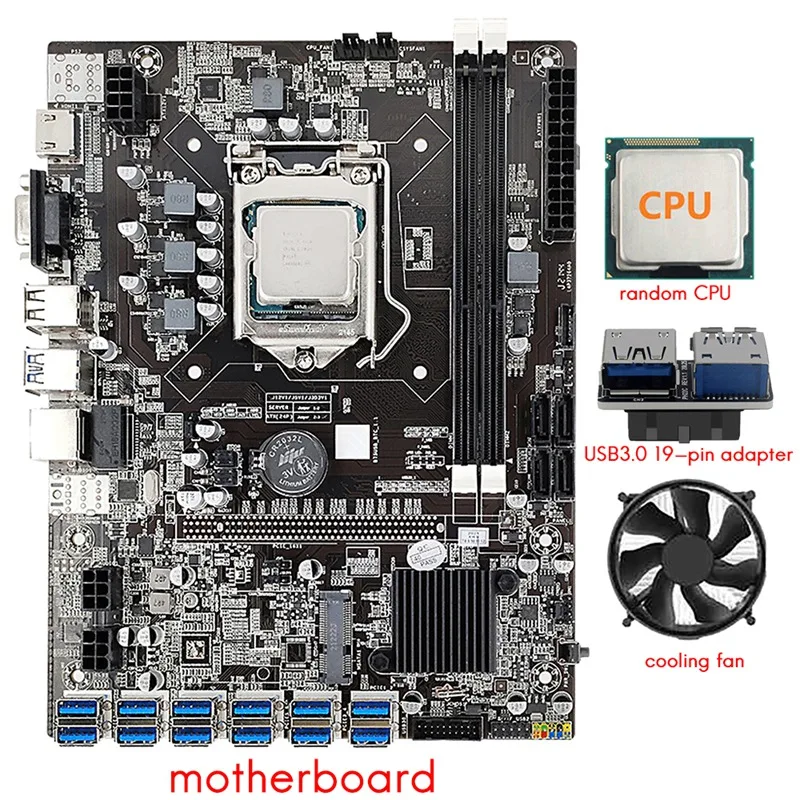 

B75 12 Card BTC Mining Motherboard+CPU+Cooling Fan+USB3.0 19-Pin Adapter 12 USB3.0 (PCIE) GPU Slot LGA1155 DDR3 SATA3.0