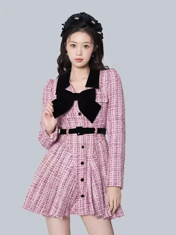 

2023 Spring and Autumn New Bow Dress Women's Fashion Temperament Dress Pink Fragrant Irregular Dress