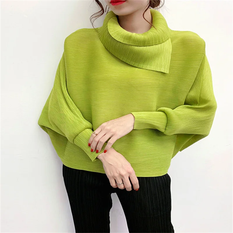 

Женская плиссированная футболка Miyake, однотонный пуловер с отложным воротником и оборками, топы, эластичный Повседневный стильный топ с рук...