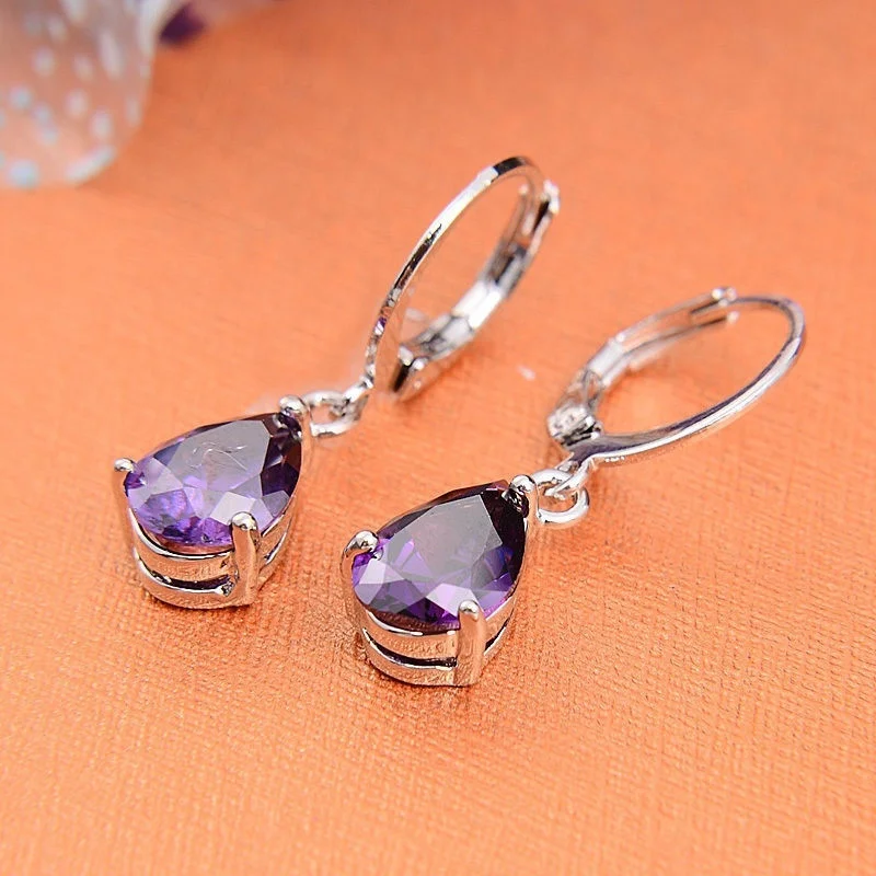 

Korean Fashion Purple Crystal Water Drop Hoop Earrings for Women Zircon Dangle Earring Valentines Day Gift Jewelry Pendientes