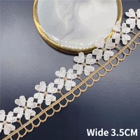 3 5cm wide luxury white four leaf flowers glitter gold embroidery ribbon 3d flowers lace applique wedding dress diy sewing decor