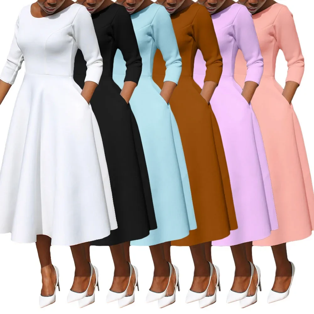 

Autumn New Women's Solid Colour U Neck Pocket Hem Dress Simple Plus Size Designs