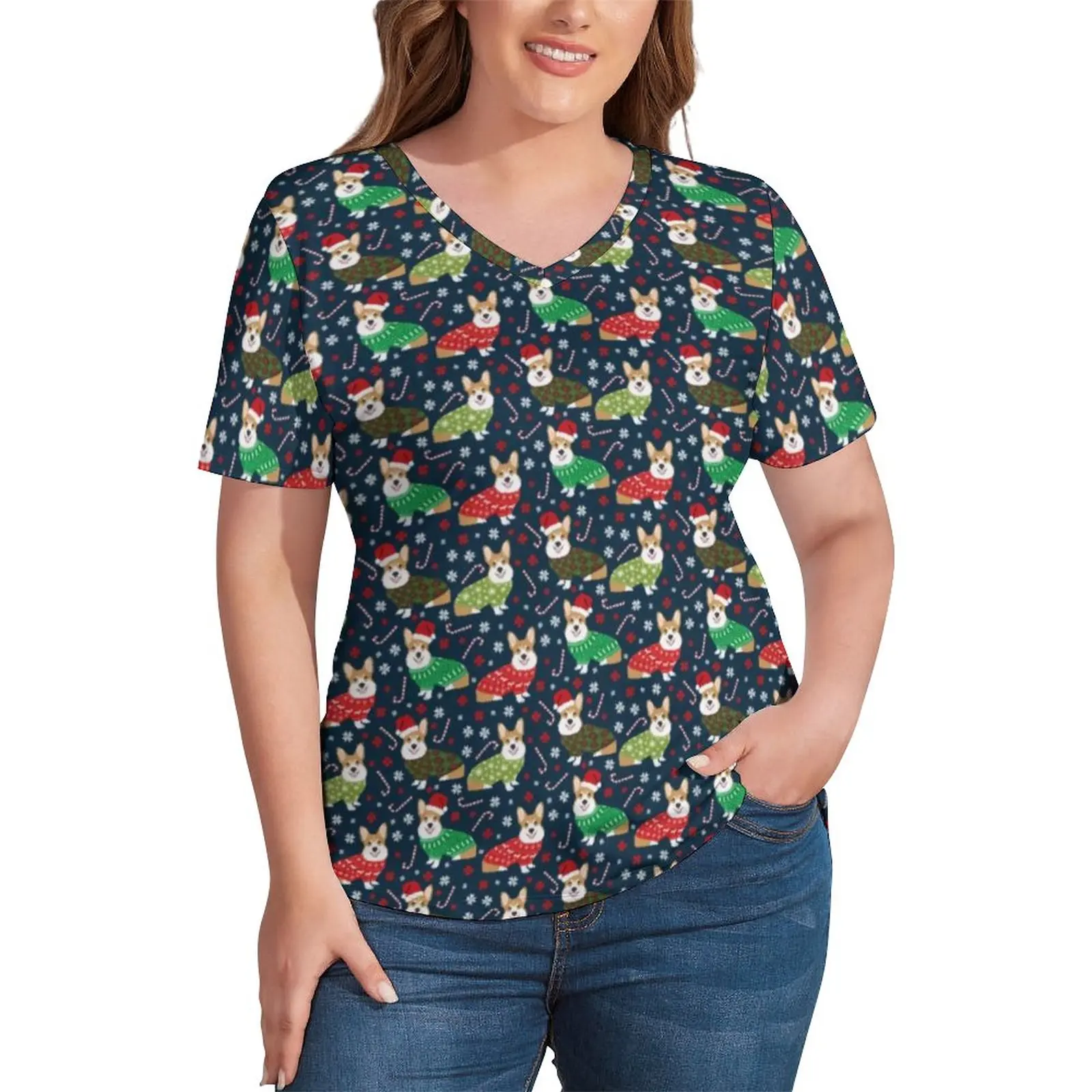 

Corgi Christmas Sweaters T Shirt Dog Pattern Harajuku V Neck T Shirts Short Sleeve Basic Tshirt Summer Tees Plus Size 2XL 3XL